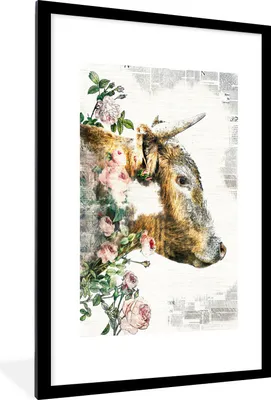 Produktbild von MuchoWow® MuchoWow® Gerahmtes Poster Schottische Hochlandrind - Blumen - Rosen 60x90 cm - Poster mit zchwarzem Bilderrahmen - Dekoration - Wandposter Wohnzimmer - Hochwertig