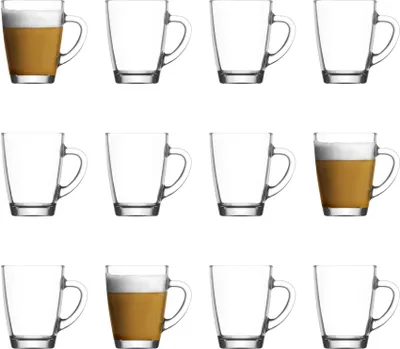 Produktbild von 12x Vega 300ml Glas Kaffee Tassen - Groß Wiederverwendbar Tea Latté Cappuccino Heißgetränke-Becher-Set mit Griff - by LAV