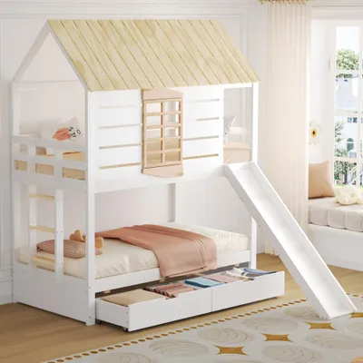 Produktbild von Haus-Etagenbett mit Rutsche 2 Schubladen Schutzgeländern stabil Holz, 90x200 cm weiß-weiß