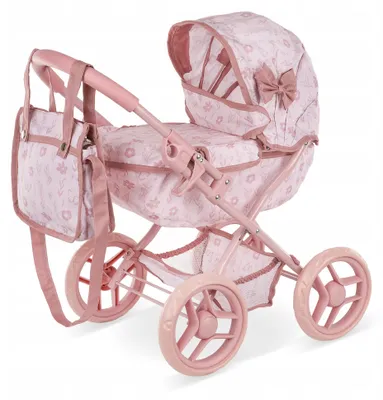 Produktbild von Rosa Puppenwagen mit Tragetasche und Korb – Klappbare Gondel, Aluminiumrahmen, leise Räder, für Puppen bis 40 cm