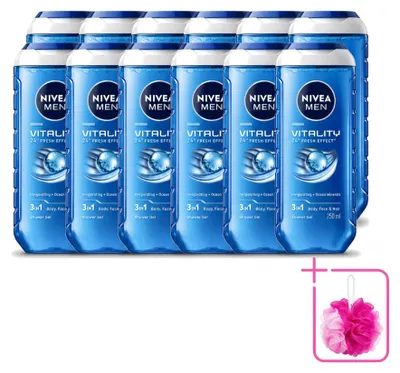Productafbeelding van 12 x Nivea Men Vitality 3-in-1 Douchegel - 250 ml - Voordeelverpakking - 12 stuks