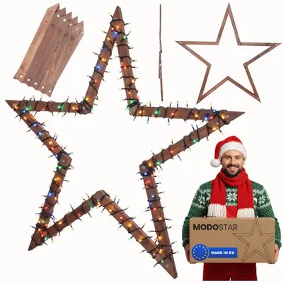 Produktbild von MODO24 2D Weihnachtsstern Holz MODOSTAR Set, Holzstern, Deko Stern,Holz, Faltbar, Outdoor Garten Wetterfest, 139 cm, Braun, GWZ