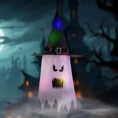Obrázok produktu pre Halloweenska LED dekorácia - duch - ružová - 10 farebných LED - zavesiteľná - 2 x 2032 - 75 x 35 cm, Obrázok generovaný UI
