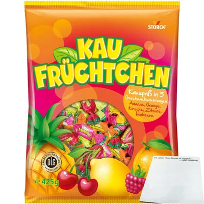 Produktbild von Storck Kaufrüchtchen Kaubonbons in 5 fuchtigen Geschmacksrichtungen (425g Packung) + usy Block