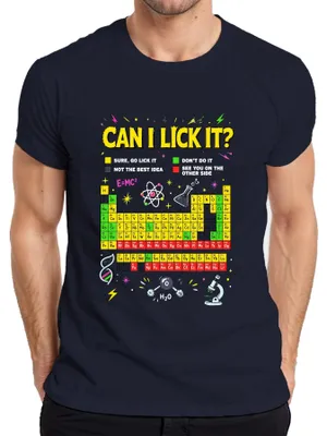 Immagine prodotto di Maglietta da uomo, colore blu navy, taglia M, con scritta "Can I Lick It Science Chemistry Periodic Statement" (che potrebbe essere interpretata come "Posso leccarla? Scienza, chimica, affermazione periodica")