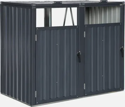 A dark gray metal trash can enclosure with two doors is shown against a white background.