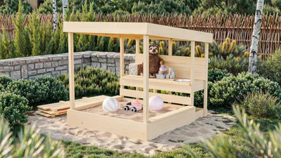 Produktbild von Sandkasten MAX mit Dach und Matschküche Holzsandkasten 111,5 x 135,5 cm Karibu