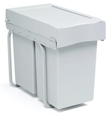A gray pull-out trash can sorter with two compartments.