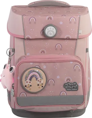 A pink school backpack with rainbow and star patterns, featuring a pink frog keychain.