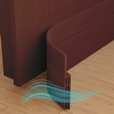A close-up view of a brown door seal attached to the bottom of a brown door, with blue wavy lines indicating airflow.