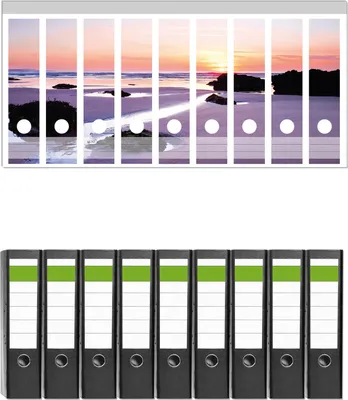 Produktbild von Wallario 9 Stück breite Ordner inkl. Klebeetiketten mit Motive Sonnenuntergang am einsamen Strand -  Set mit Rückenschildern / Ordnerrücken Stickern