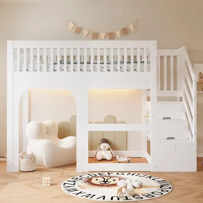 Produktbild von Merax Hochbett Etagenbett 90x200cm mit LED-Beleuchtung, Kinderbett mit Stauraumtreppe, Holzbett mit Sicherheitsgeländer, Spielbereich, Lattenrost,Weiß