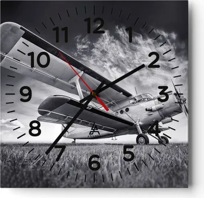 Produktbild von Wanduhr - Quadrat - Glasuhr - Flugzeug An-2 Schwarzweiß - 30x30cm - Schleichendes Uhrwerk - Lautlos - zum Aufhängen bereit - Dekoration Modern - Wanddekoration aus Glas - C4AC30x30-4363