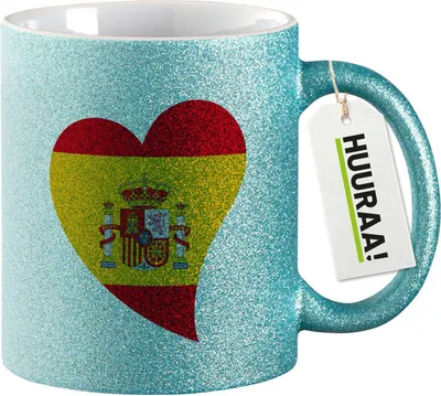 Produktbild von Huuraa Glitzertasse Spanien Flagge Herz 330ml Blau Keramik Kaffeebecher Geschenkidee