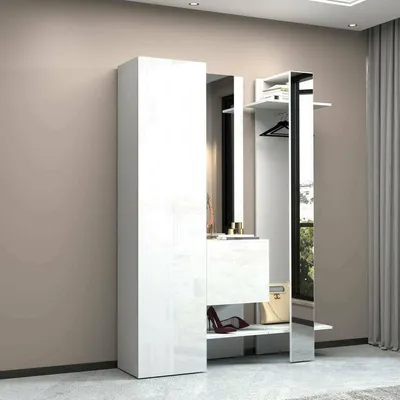 Produktbild von Eingangsmöbel Dcriscion, Multifunktionsschrank mit 2 Türen, Wandgarderobe mit 2 Spiegeln, 140x35h190 cm, Weiß