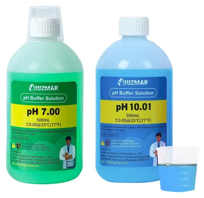 Imagen del producto de SolidKeus: Solución de calibración de pH 7.00 y pH 10.01, con vaso de medición de 500 ml
