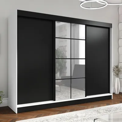Produktbild von Oravelle 200 cm Weiß / Schwarz 2, 3-türiger Kleiderschrank mit Spiegel, 4 Schubladen und Kleiderstangen – Funktionalität und Eleganz!