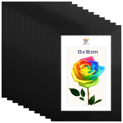 Produktbild von MG Design 10er Set Bilderrahmen Schwarz 13x18 cm - Echtholzrahmen mit Acrylglas, hoch/quer, zum Aufhängen & Aufstellen
