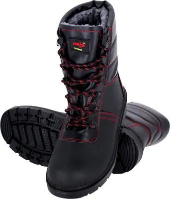 A pair of black winter work boots with red stitching and laces, shown against a white background.