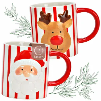 Produktbild von Kaffeetassen 2er Set mit Nikolaus, Elch & Streifen rot-weiß