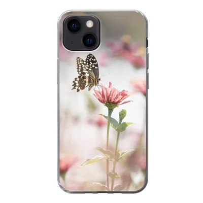 Produktbild von MuchoWow® Handyhülle Schutzhülle Hülle für iPhone 13 mini Schmetterling - Blume - Rosa Silikon Softcase Handy Hülle - Softcase