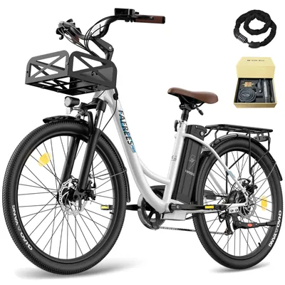 Produktbild von E-Bike 26" 158 - 198 cm Pannensichere Reifen 36 V 250 W bis zu 160 - 200 km Wasserdicht IP54 Citybike 250 W Shimano 7 Gang, Weiß
