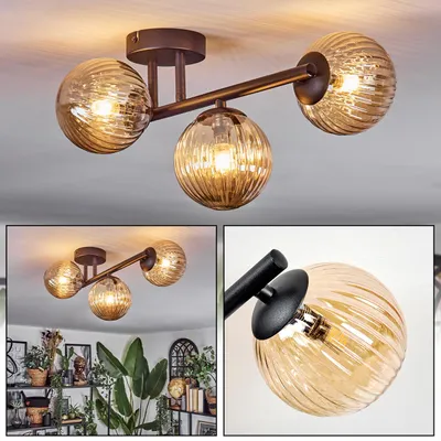 Produktbild von Isorella 3-flammige Deckenlampe aus Metall/Riffelglas in Schwarz/Bernstein