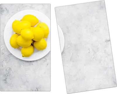 Produktbild von Spritzschutz Herdabdeckplatte Schneidebrett aus Glas Zitronen auf Teller 2-Teilig (60x52cm)