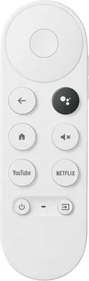 A white remote control for a Google Chromecast device.