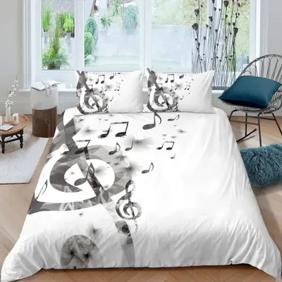 Image de Ensemble de literie 155x220 cm, 2 pièces, motifs notes de musique et papillons, gris et blanc, microfibre avec fermeture à glissière