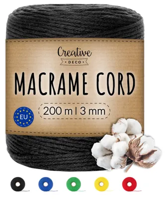 Obrázok produktu pre Creative Deco Čierna bavlnená šnúra na makramé, prírodná, 2–3 mm | 200 m | Silná šnúra splietaná z 15 nití | Cievka | na dekorácie, umelecké práce, ručné práce, balenie darčekov