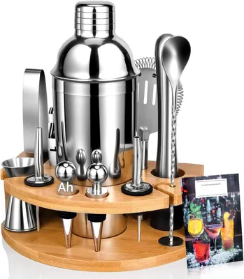 Produktbild von Cocktailshaker-Set 12-teilig, Edelstahl RVS 304, 750 Ml, Mit Bambus-Halterung Und Rezeptbuch, Für Zu Hause Und Als Geschenk