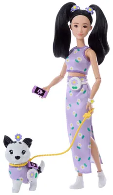 Produktbild von Barbie Twinning Looks Modepuppe mit Hündchen, zusammenpassende violette Outfits und Zubehörteile, schwarze Haare, Modepuppe, Weiblich, 3 Jahr(e), Junge/Mädchen, 295 mm, Mehrfarbig