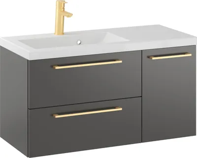 Produktbild von Rosen 90 cm Links Badezimmerschrank mit Waschbecken und Gold gebürstetes Griffen - Zeitloses Design für Elegantes Bad