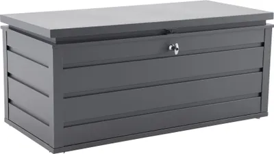 A gray storage box with a lid and a lock.