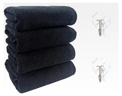 Produktbild von 4 Stück Schwarze Handtücher mit 2 Haken, Absorbierende Handtücher, Weiche und Bequeme Badetücher, Geeignet für Zuhause, Fitness und Reisen.