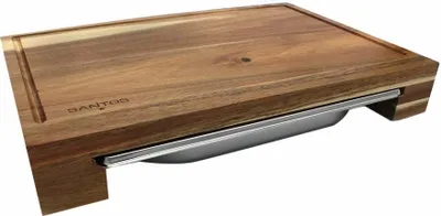 A wooden cutting board with a stainless steel tray underneath, shown from a diagonal angle against a white background.