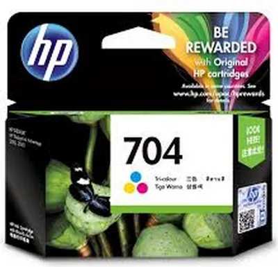 The image shows the packaging of an HP 704 Tri-color Original Ink Advantage Cartridge.