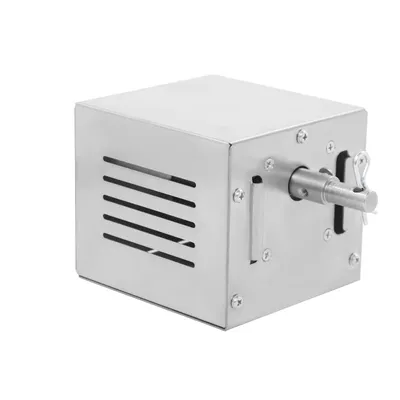 A stainless steel electric motor for a rotisserie grill.