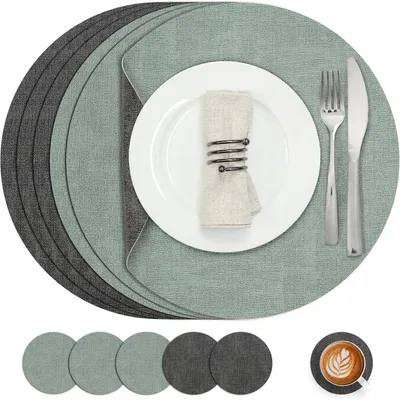 Obrázek produktu pro Podtácky, omyvatelné, s vzhledem kůže, kulaté, průměr 36 cm, sada 6 kusů, barva: šedá, světle zelená