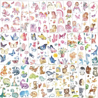 Imagen del producto de Set de tatuajes temporales para niños con más de 300 tatuajes con purpurina, en 5 diseños diferentes, ideal para niñas