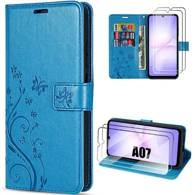 Image de Coque + 2 Verres Trempés pour Samsung Galaxy A07, Flip Case Effet Cuir Antichoc Motif Plante Papillon Bleu