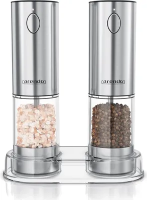 Produktbild von Arendo Salz und Pfeffermühle Set elektrisch, Gewürzmühlen elektrisch 2er Set, stufenlos einstellbar, Edelstahl, Keramikmahlwerk, LED-Beleuchtung, Li-Ion Akku, USB