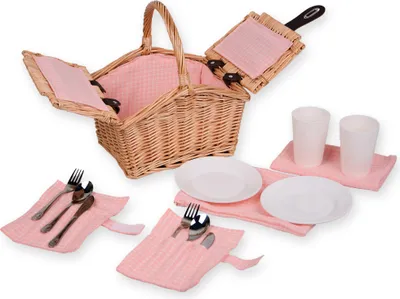 Produktbild von UNUS® Kinder Picknickkorb zwei Personen Weidenoptik Inhalt & Decke, Pink, oval