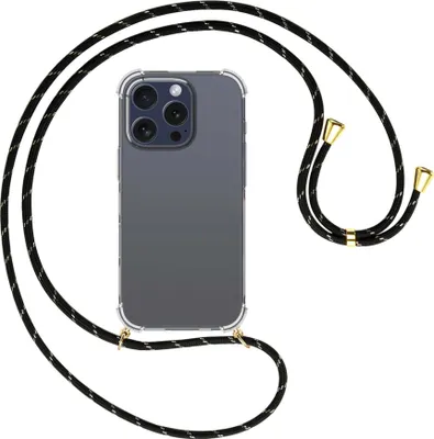 Produktbild von Handykette Backcover-Schutzhülle mit Band (Metall goldfarben) für iPhone 16 Pro - schwarz/gold