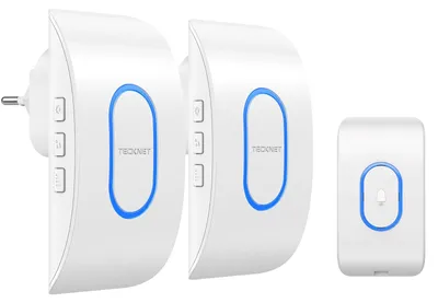 Productafbeelding van Draadloze Waterdichte Buitendeurbel met 2 Ontvangers, 400 m Bereik, IP65 Waterdichte Deurbel, 60 Melodieën en 5 Volume-niveaus, Blauwe LED-indicator,