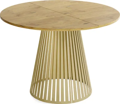Produktbild von Esstisch Rund Ausziehbar mit Lamellen im Loft-Stil – 100 bis 180 cm – Industrieller Tisch mit Goldenen Metallbeinen, Platzsparend für Wohnzimmer oder Esszimmer – Braun