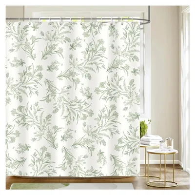 Produktbild von Duschvorhang mit grünen Blumen 180x180cm, grün-beige Blätter und Pflanzen, wasserdicht und schimmelresistent aus Polyester mit 12 Haken