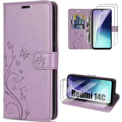 Image de Coque et 2 Verres Trempés pour Xiaomi Redmi 14C, Protection Rabat Cuir Synthétique Violet Motif Floral Papillon