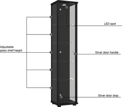 Immagine prodotto di K-Möbel Vetrina verticale in vetro nero (176x37x33 cm) con 4 ripiani in vetro regolabili in altezza e LED - Vetrina da terra - Vetrina da esposizione - Vetrina da collezione